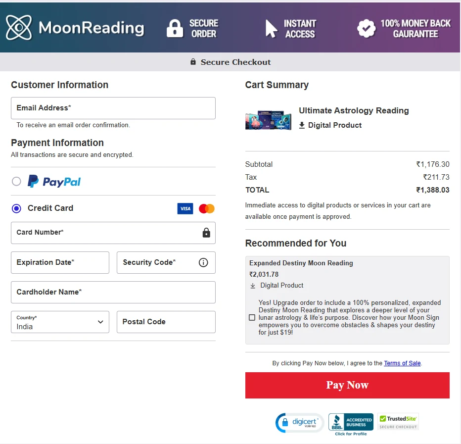MoonReading checkout page