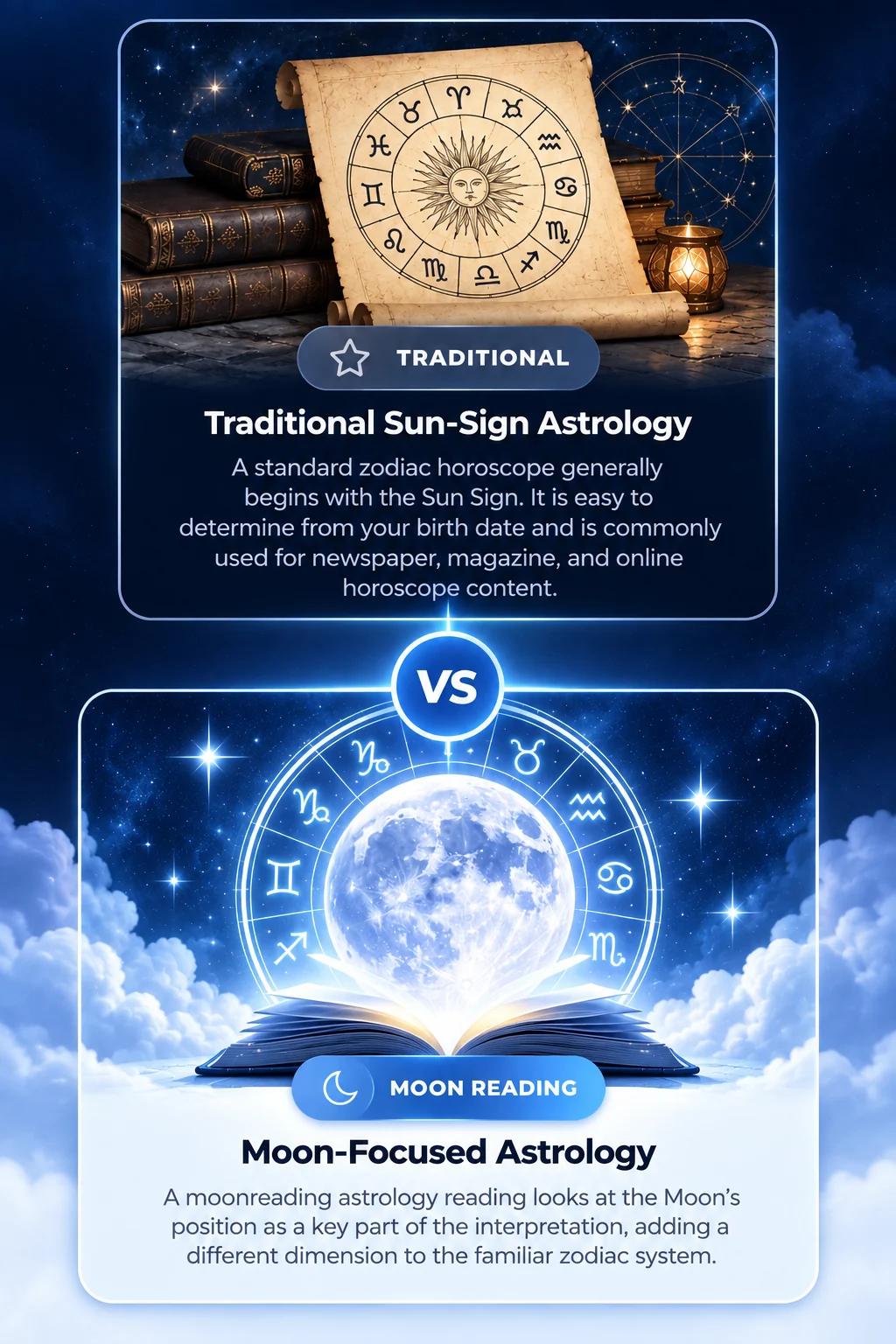 moonreading astrology chart and moon phase — traditional Sun-sign astrology vs Moon-focused astrology